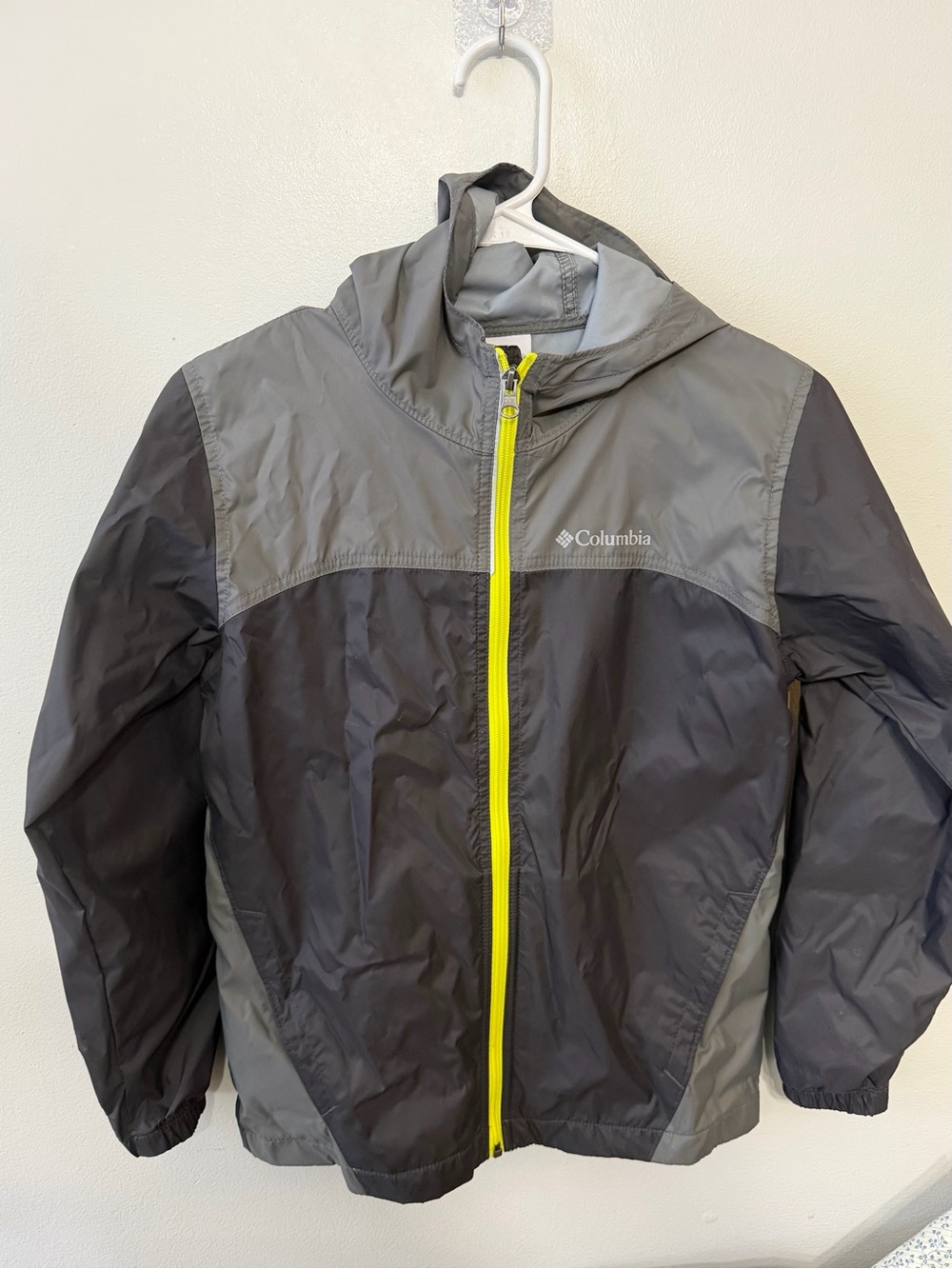 Columbia Boys' Gray & Black Hooded Raincoat/ windbreaker with Yellow Zipper